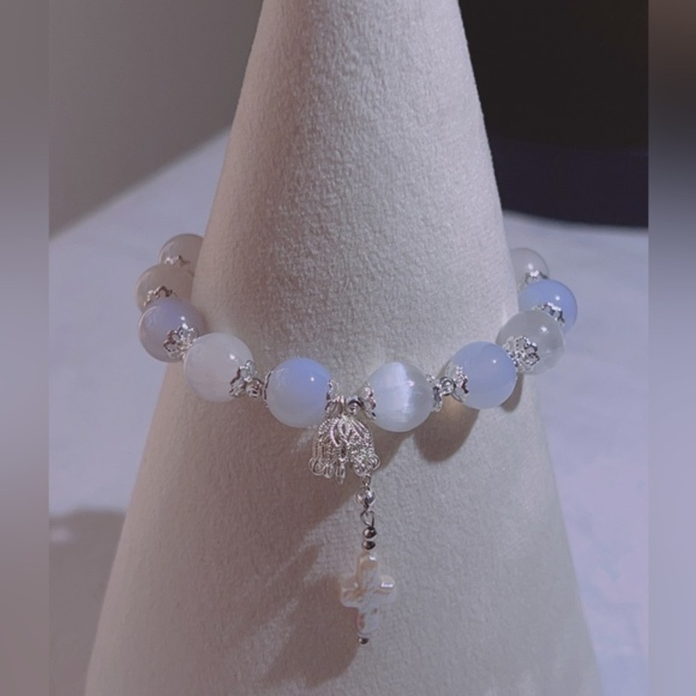 10mm Blue lace agate Selenite, Baroque Freshwater Pearl   bracelet